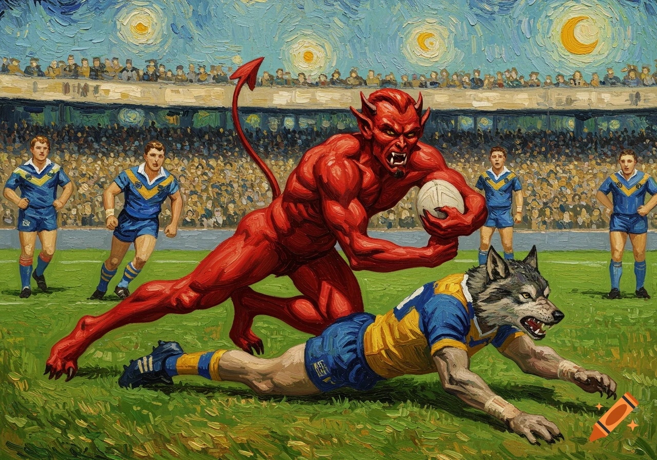 A red devil with horns and tail holds a rugby ball while tackling a wolf-headed player in a yellow and blue uniform on a green field. Other rugby players and a stadium crowd are in the background, all rendered in a Van Gogh-esque painterly style with swirling skies.