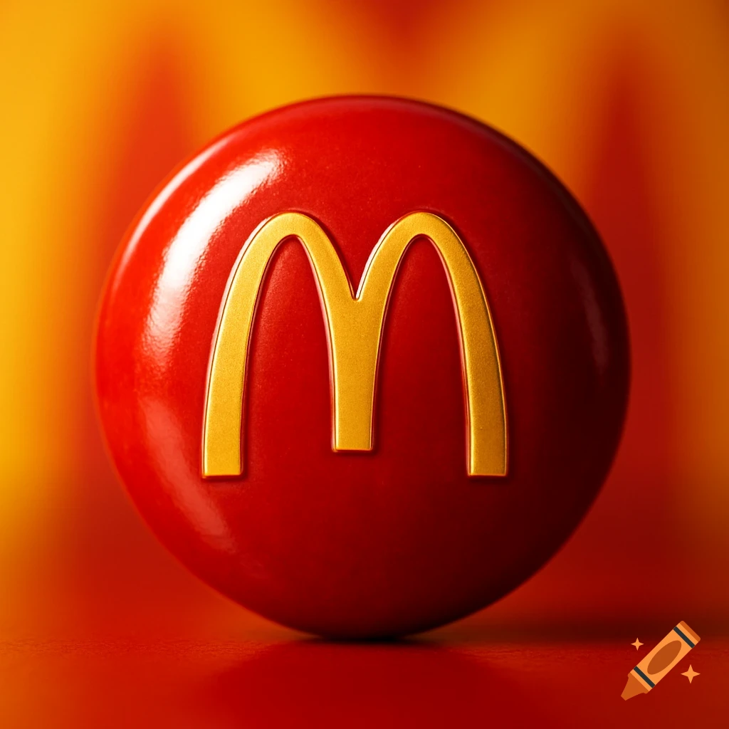 A large, glossy red M&M candy with a gold McDonald's 'M' logo on it, against a red and orange background.