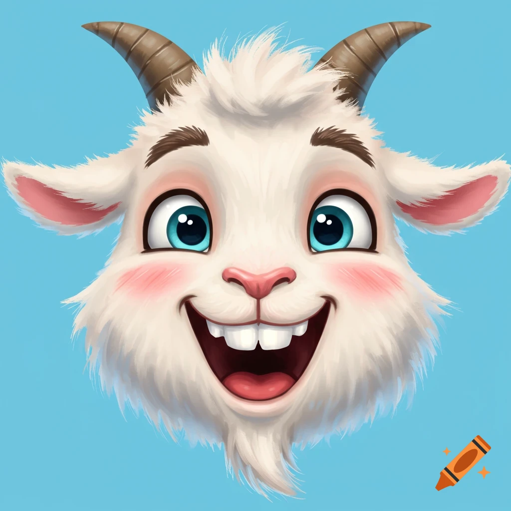 A white cartoon goat face with blue eyes, pink cheeks, and brown horns smiles widely, showing teeth, against a blue background.