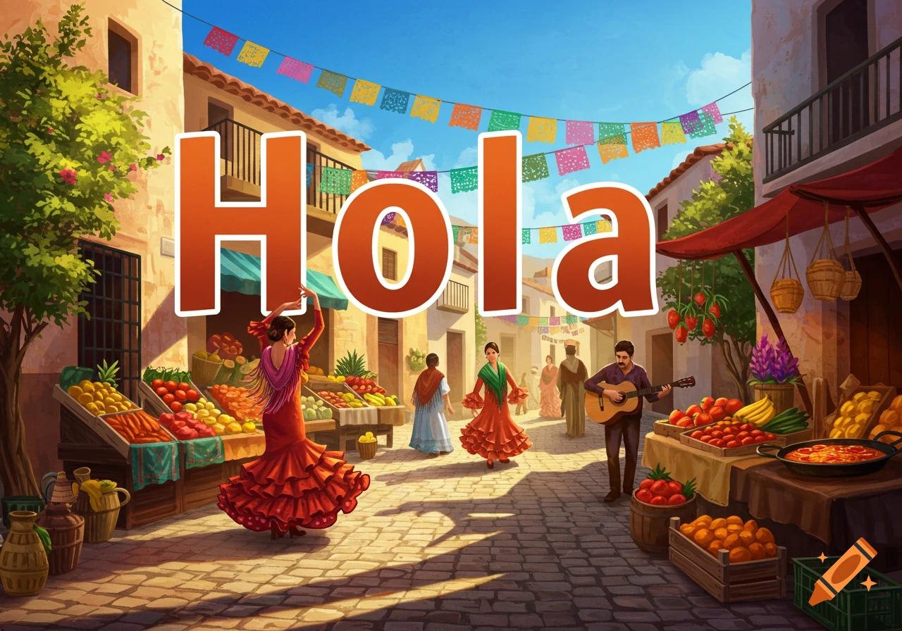 Vibrant illustration of a bustling Spanish market with vendors, dancers, a guitarist, and 'Hola' text.
