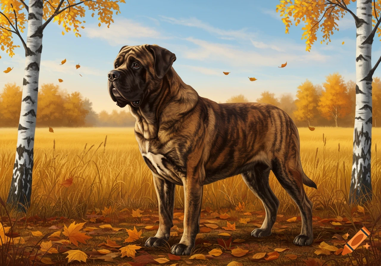 A majestic brindle English Mastiff-like dog stands in a golden autumn field with birch trees and fallen leaves.