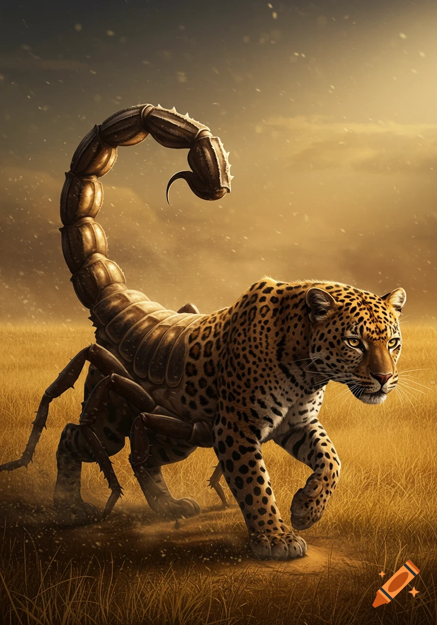 A photorealistic leopard-scorpion hybrid stands in a golden, grassy savanna under a dusty sky, looking forward.