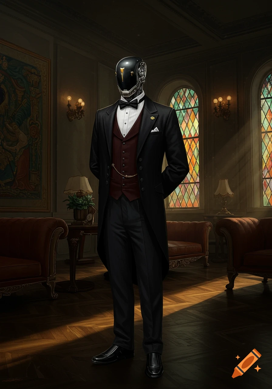 A robot butler in a black tuxedo and red waistcoat stands formally in an opulent room with stained glass windows.
