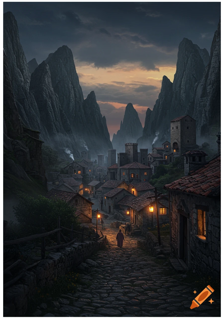 A dark, atmospheric fantasy painting of an old village in a narrow mountain valley at dusk, with glowing lights and cobblestone path.