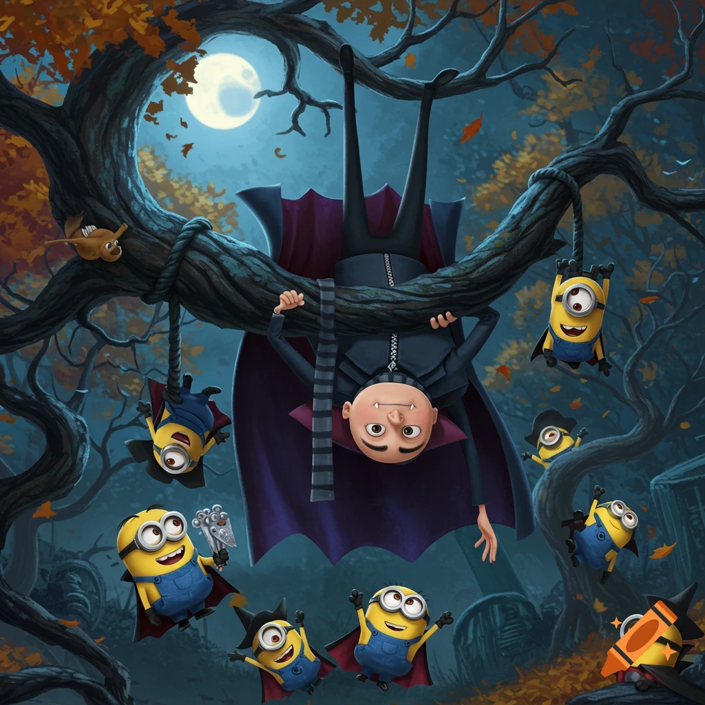 Gru hangs upside down as a vampire in a spooky autumn tree, surrounded by Minions dressed as vampire bats, under a full moon.