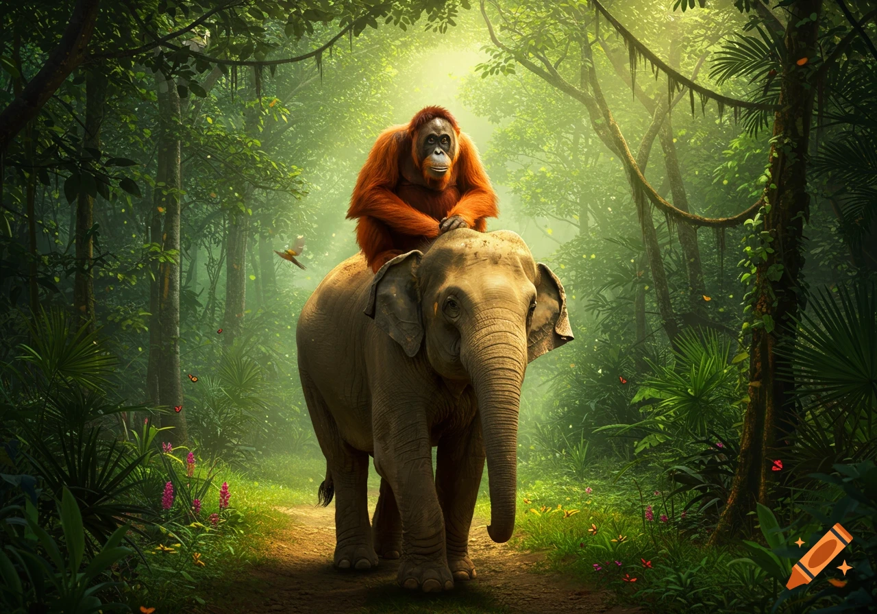 A photorealistic image of a reddish-brown orangutan riding on the back of a large elephant through a lush, sunlit jungle path.