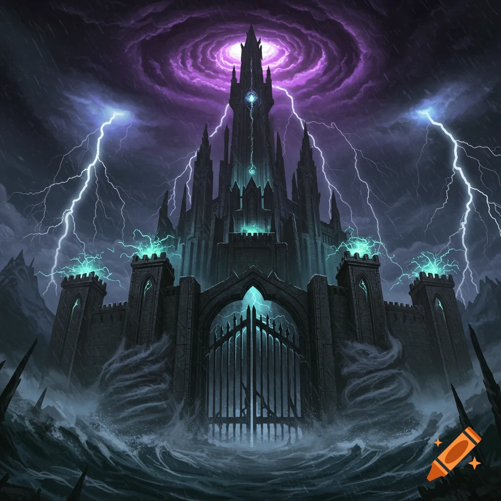 A dark fantasy castle with glowing turquoise accents stands amidst a tumultuous storm, with lightning strikes and a purple swirling vortex above.