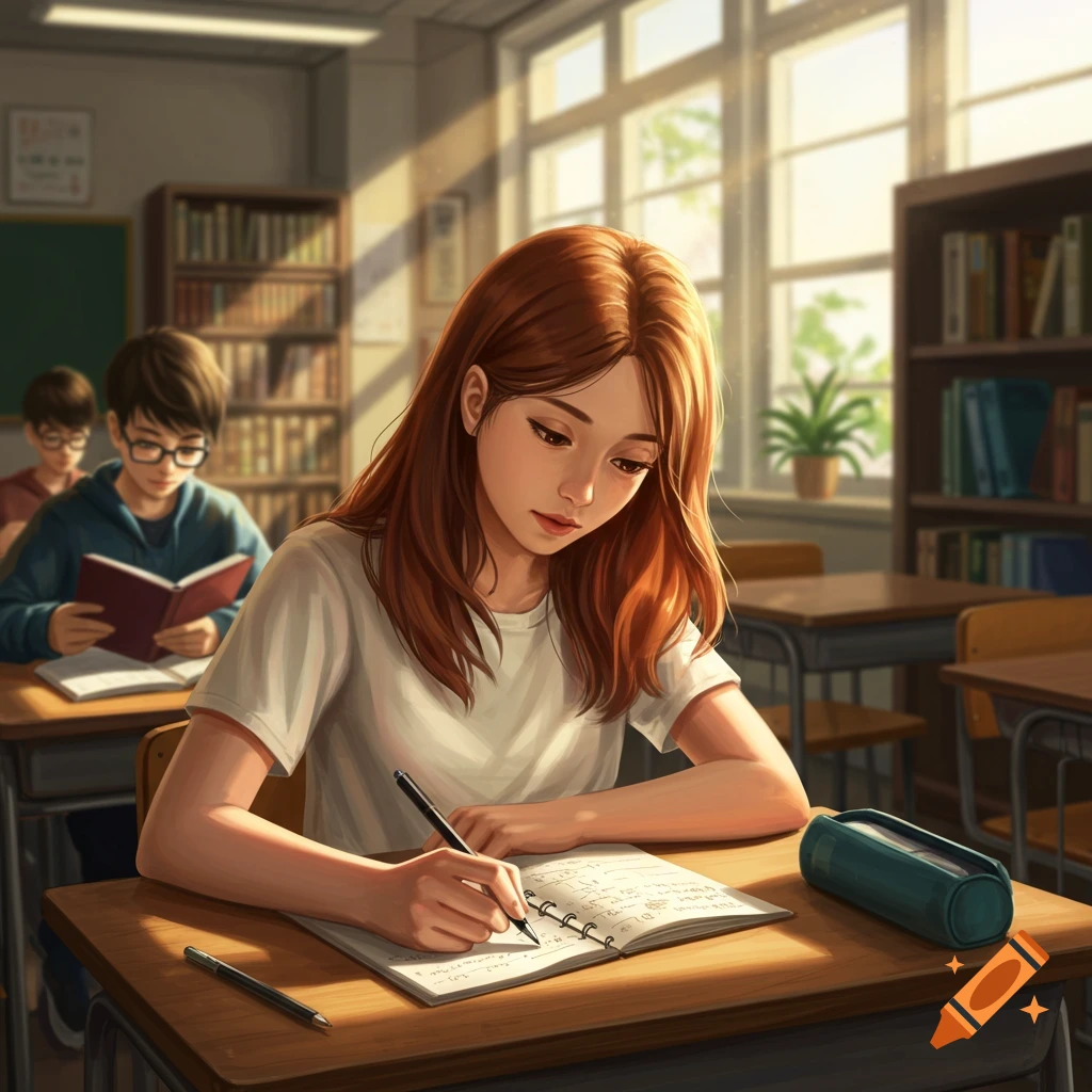 A red-haired girl writes in a notebook at a desk in a sunny classroom, with another student studying in the background. Digital art.