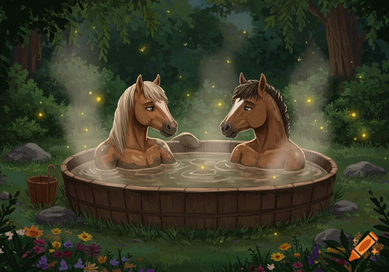 Two cartoon anthropomorphic horses relax in a steaming wooden hot tub in a magical forest with fireflies.