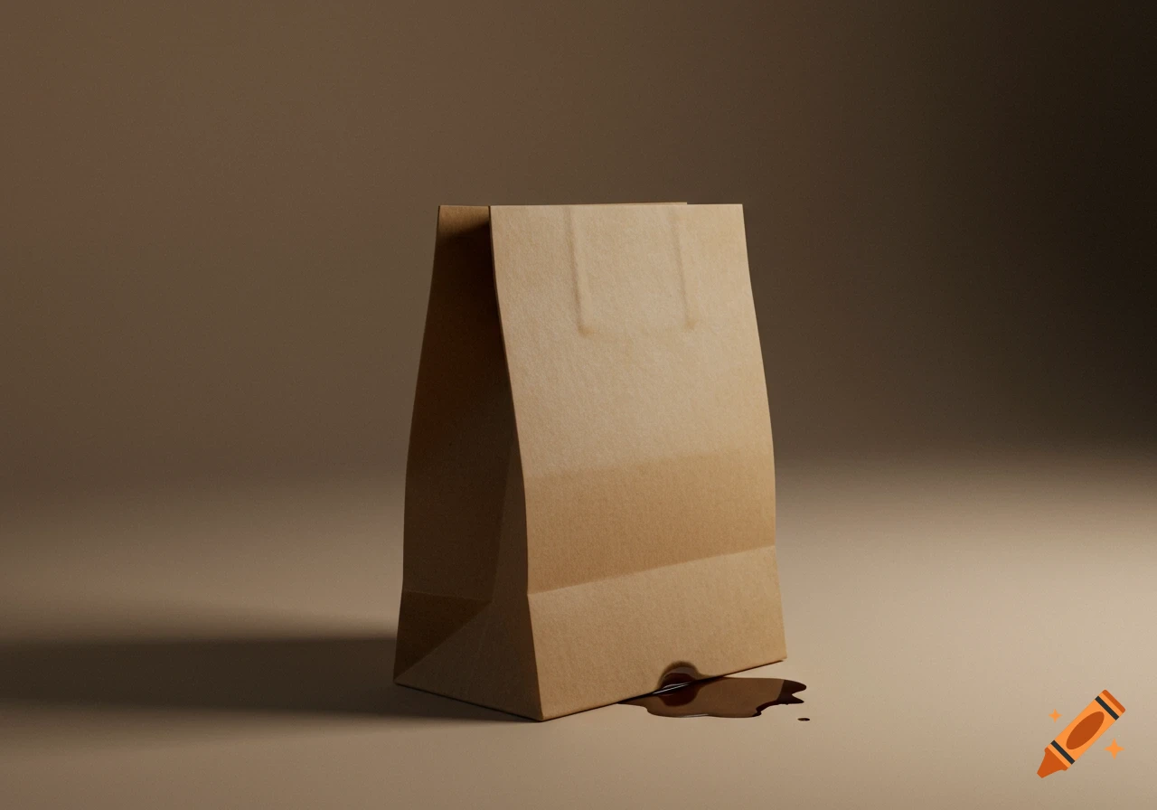 Photorealistic image of a brown paper shopping bag standing upright on a flat surface with a small dark wet stain near the bottom.