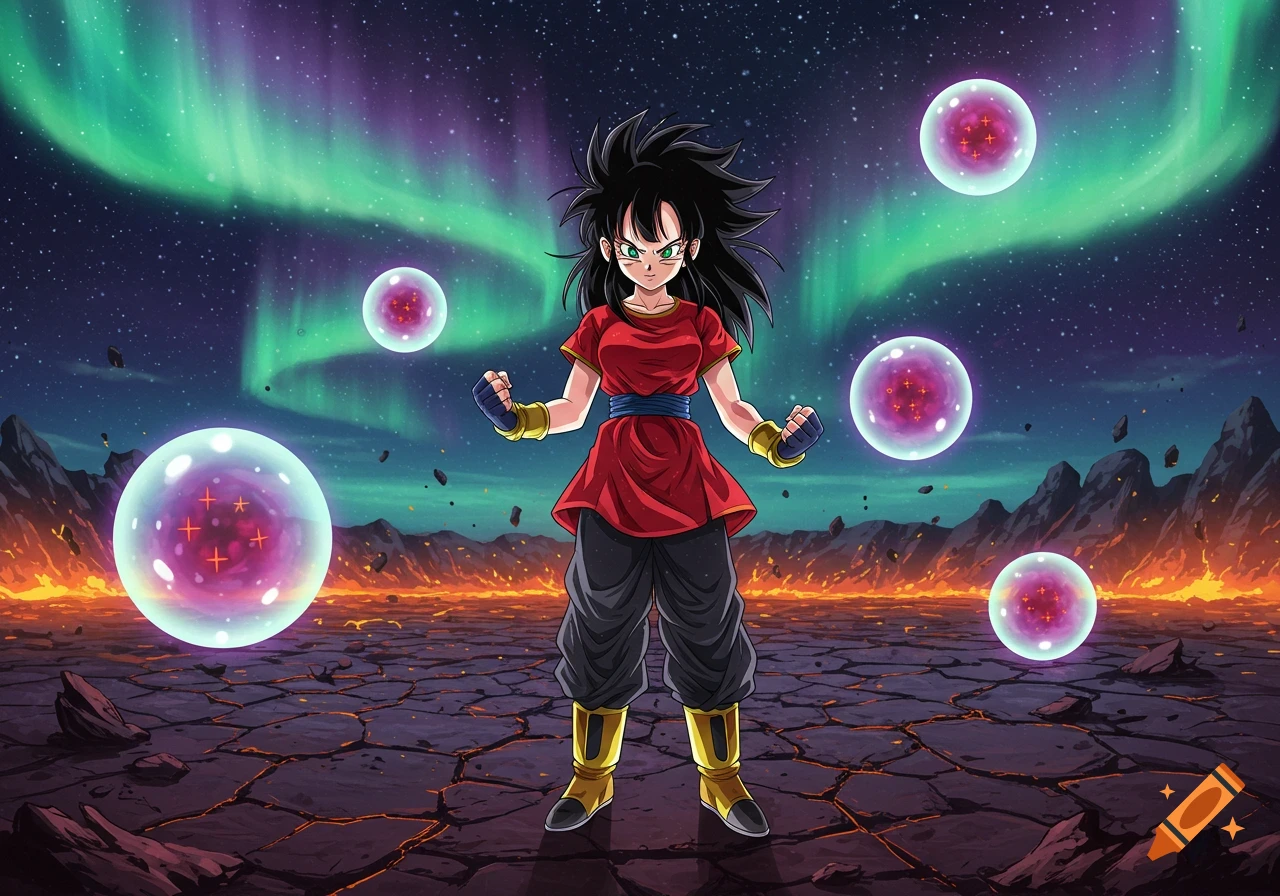 Anime character Pan from Dragon Ball stands in a cracked, fiery landscape under a green aurora and starry sky, surrounded by pink energy orbs.