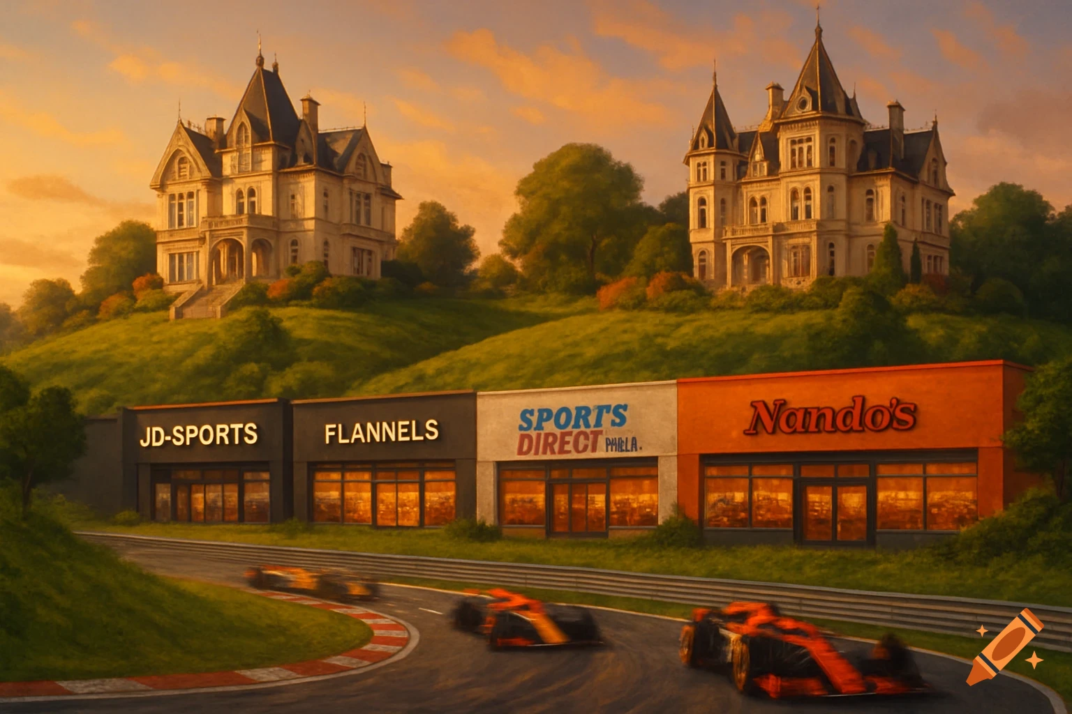Two grand mansions stand atop green hills under an orange sky, overlooking a row of shops (JD Sports, Flannels, Sports Direct, Nando's). F1 race cars speed along a track in the foreground.