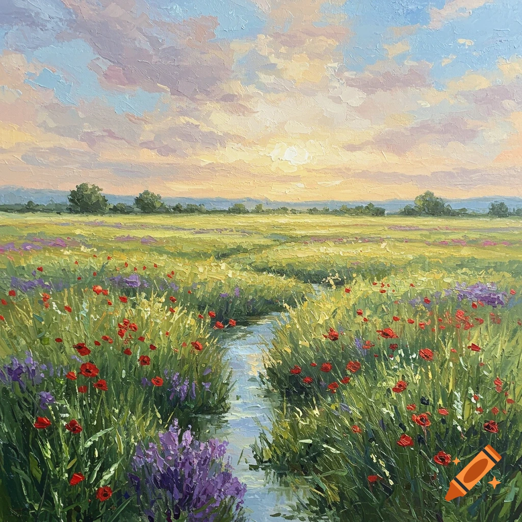Vibrant impressionistic painting of a sunny meadow with red and purple wildflowers bordering a winding stream under a colorful sky.