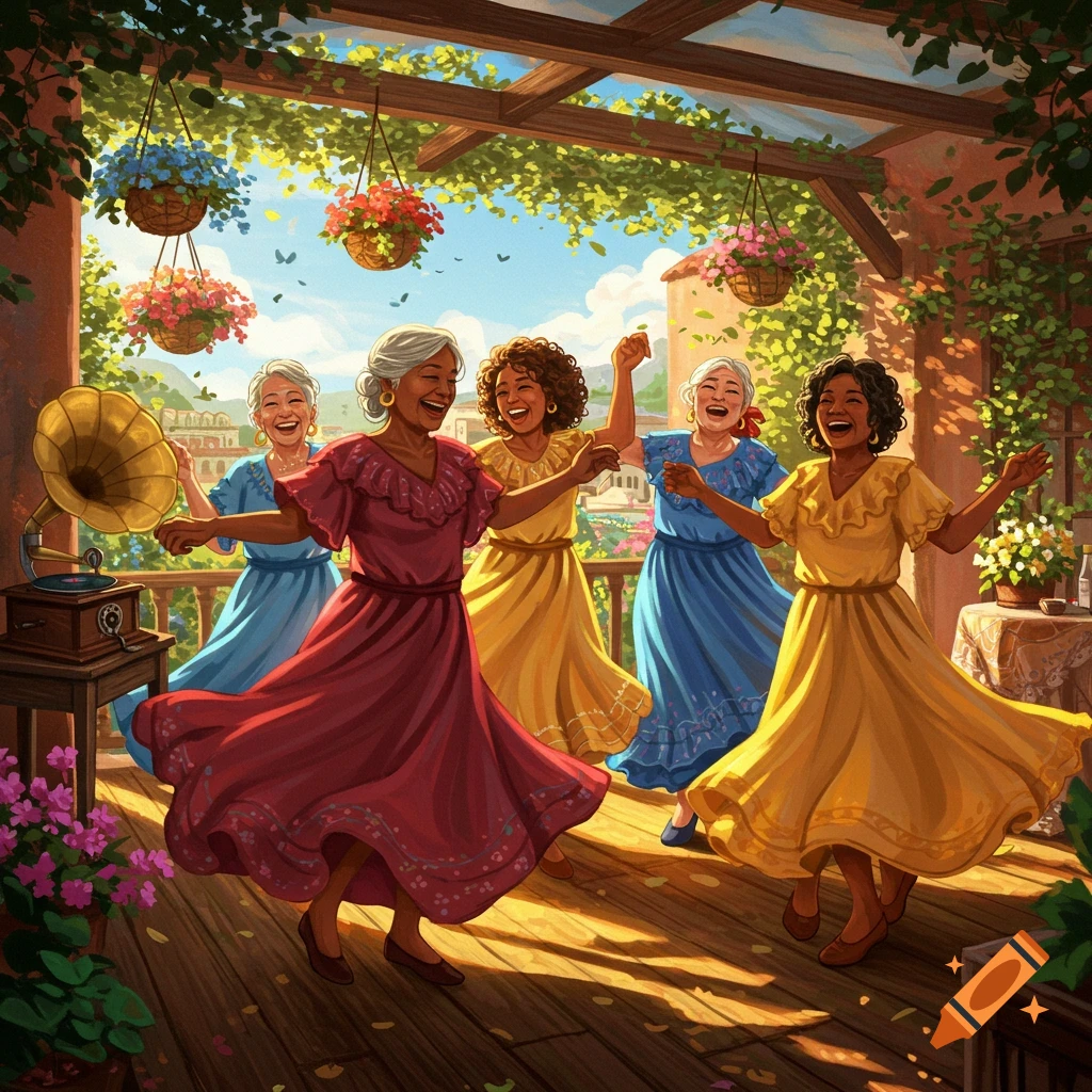 Five joyful older women with vibrant dresses dance happily on a sunny patio adorned with hanging flower baskets and a gramophone.