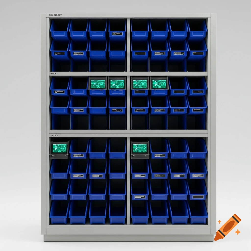 A grey storage cabinet with multiple rows of blue bins. Some bins have small black labels, and several bins feature glowing green digital displays showing circuit patterns and numbers.