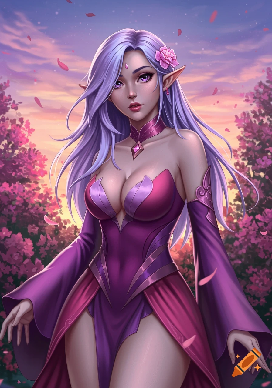 An anime-style elf woman with long lavender hair and pointed ears, wearing a purple and pink dress, stands amidst falling pink petals at sunset.