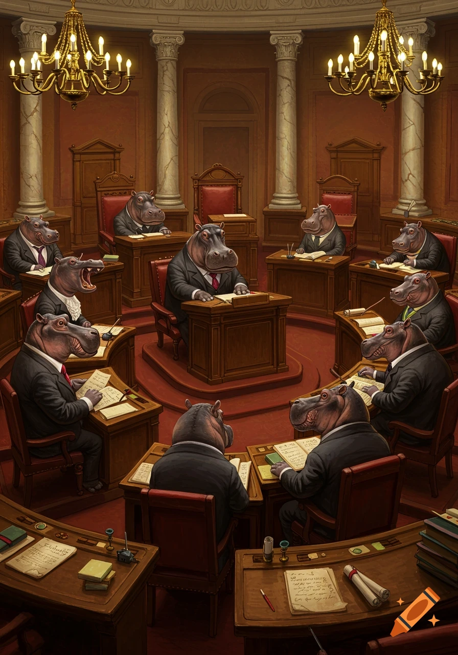 Anthropomorphic hippopotamuses in suits sit around a large oval table in a grand legislative chamber, appearing to debate or vote, in an illustrative style.