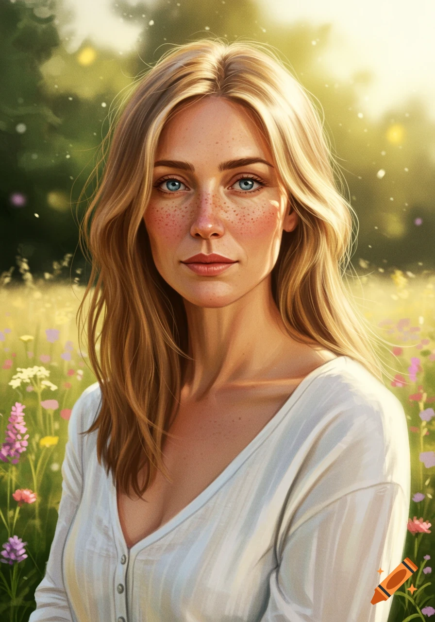 A photorealistic illustration of a woman with blonde hair, blue eyes, and freckles, wearing a white shirt, standing in a sunlit field of wildflowers.
