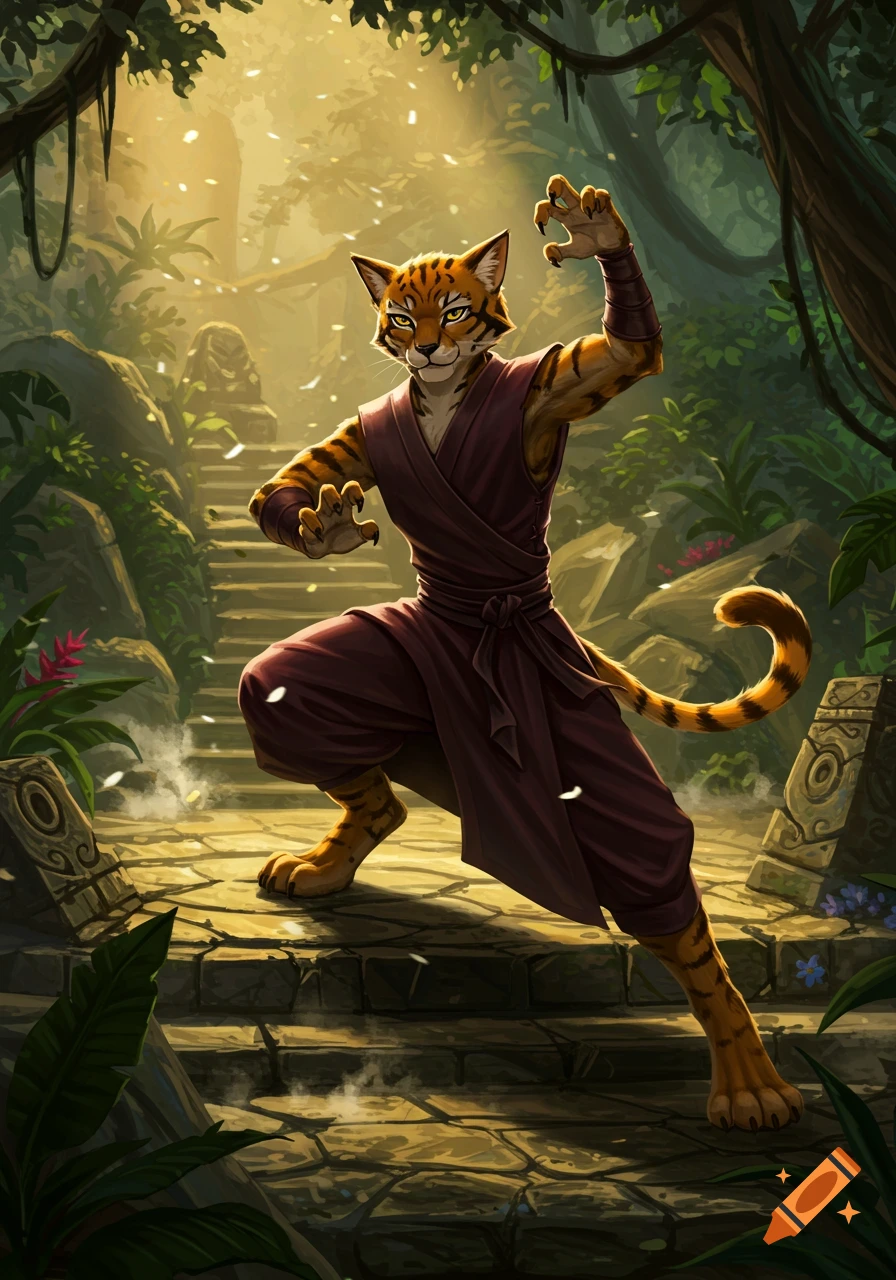 A detailed digital illustration of an anthropomorphic tiger (tabaxi) monk in a martial arts pose amidst ancient jungle ruins.