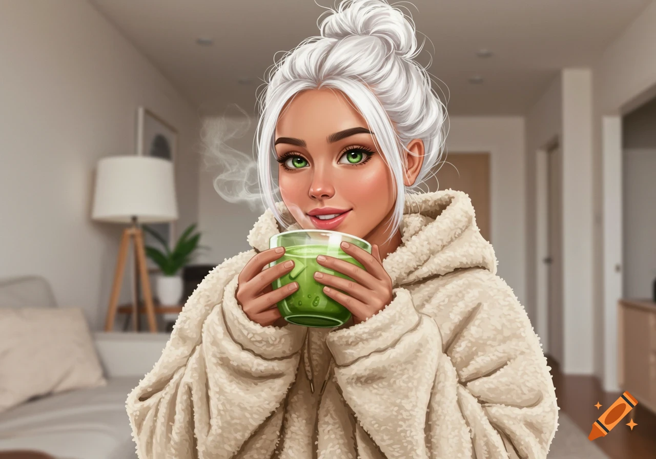 A stylized illustration of a smiling woman with white hair in a bun and green eyes, wearing a cream hoodie, holding a steaming cup of matcha tea.