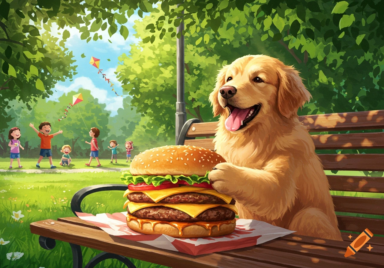 A happy golden retriever sits on a park bench next to a large burger, while children fly kites in the sunny park background.