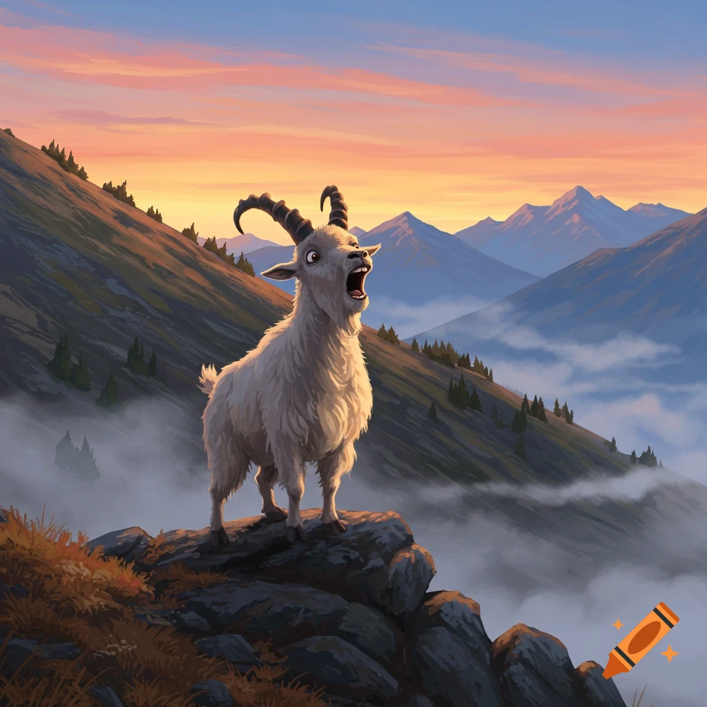 A cartoon mountain goat screaming on a rocky peak at sunset, overlooking a misty mountain range.