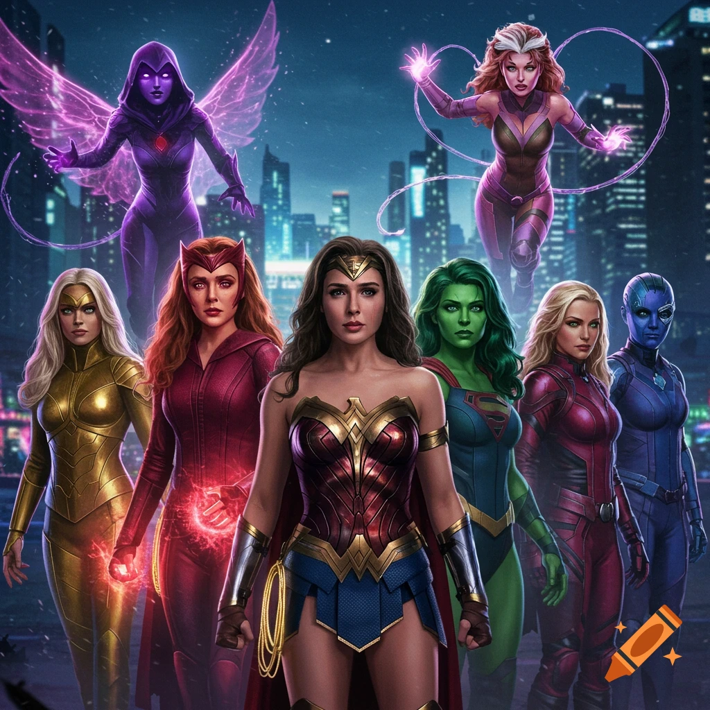 A group of female superheroes including Wonder Woman, Scarlet Witch, She-Hulk, Raven, Rogue, Starlight, Supergirl, and Nebula stand in a dynamic pose against a city skyline at night, looking at the viewer in a photorealistic style.