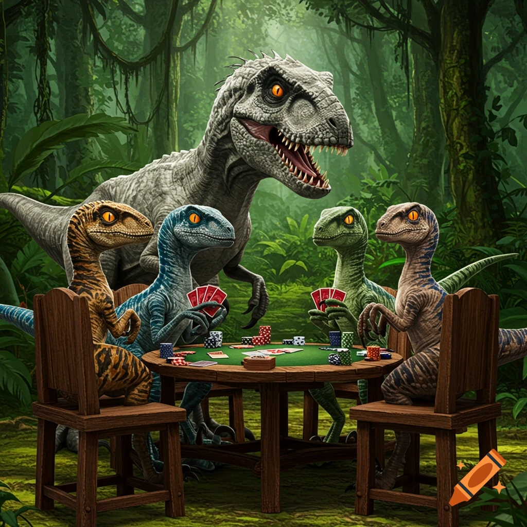 Photorealistic image of four velociraptors playing poker at a wooden table in a dense jungle, overseen by a large Indominus Rex.