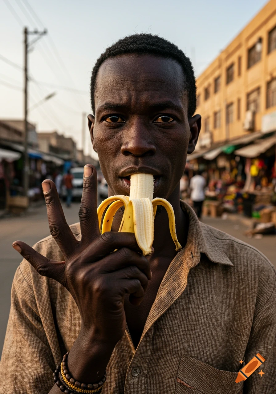 Photorealistic portrait of a man with dark skin, wearing a brown shirt, eating a peeled banana on a busy street.