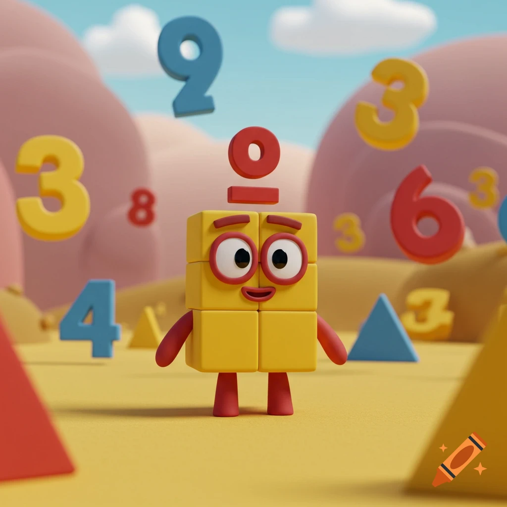 A yellow block character with eyes, mouth, and red limbs stands in a cartoon landscape with floating colorful numbers and geometric shapes under a blue sky.