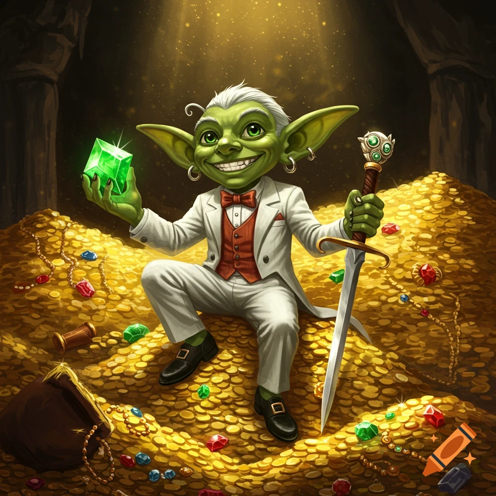 A friendly goblin in a white tuxedo sits on a pile of gold, holding a glowing emerald and a cane sword.