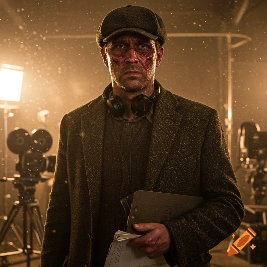 Photorealistic portrait of a bruised film director on a dark set, wearing a cap and headphones, holding papers.