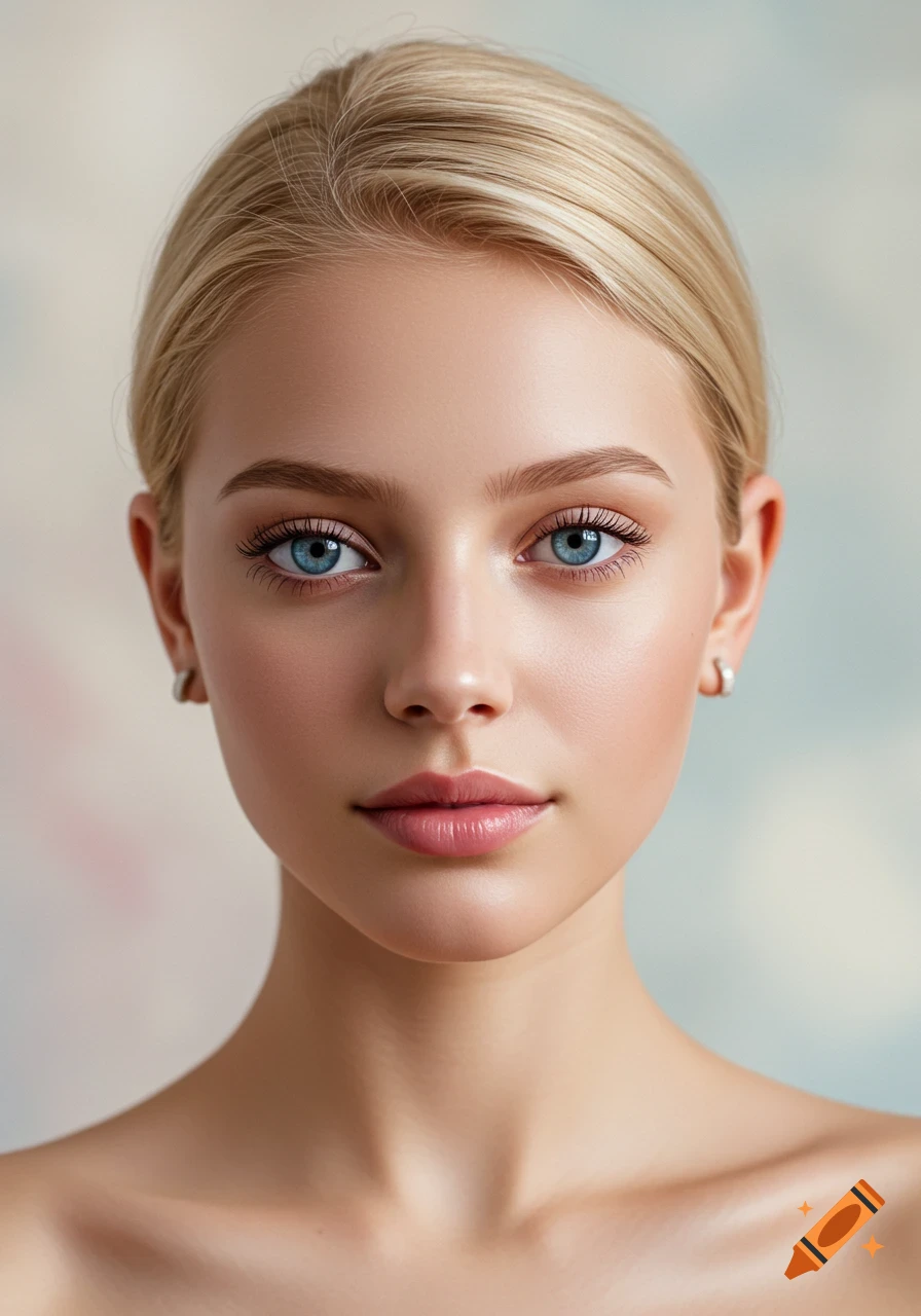 Close-up photorealistic portrait of a young blonde woman with blue eyes, hair pulled back, and subtle makeup.