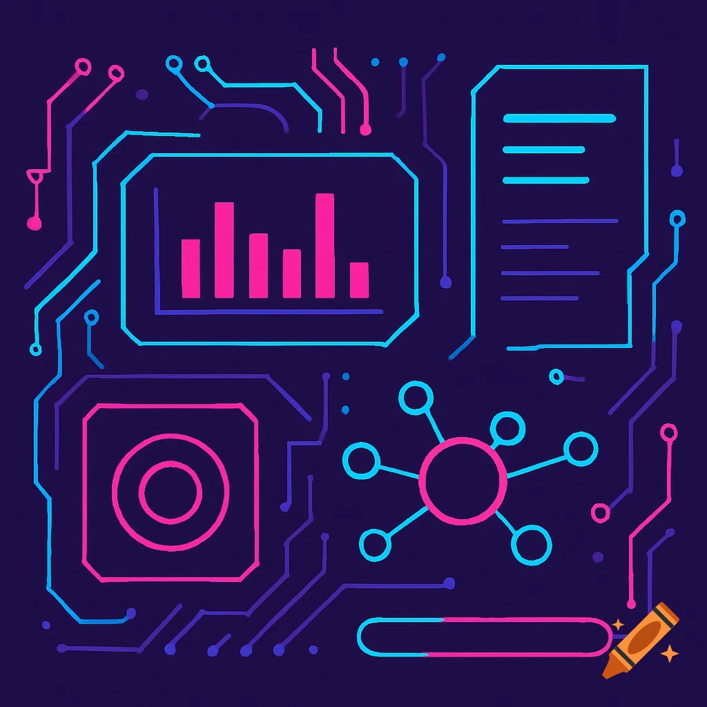 Abstract neon circuit board or UI diagram with graphs and nodes on a dark background.