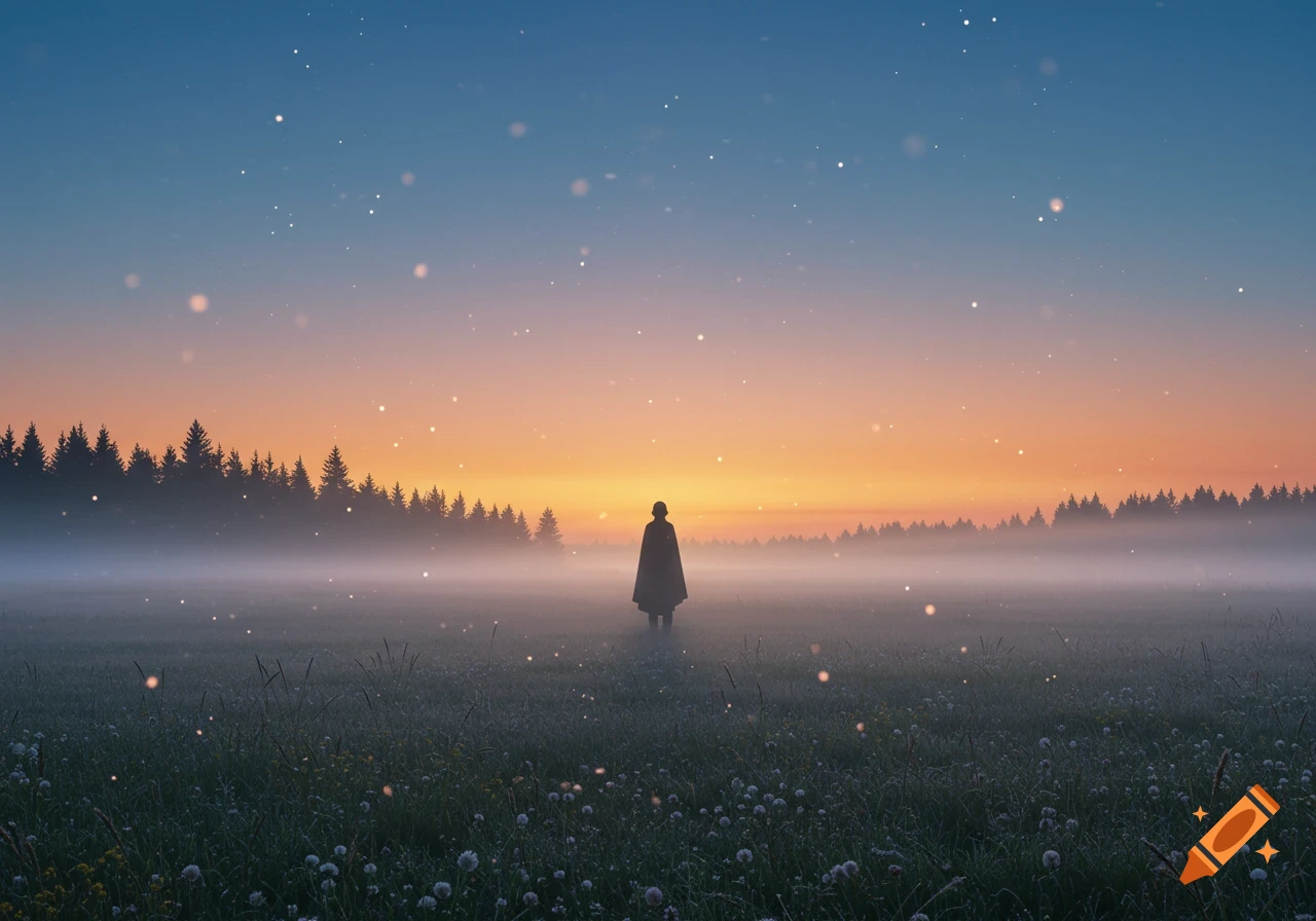 A solitary cloaked figure stands in a misty field at sunset, with a forest silhouette and glowing particles in the air.