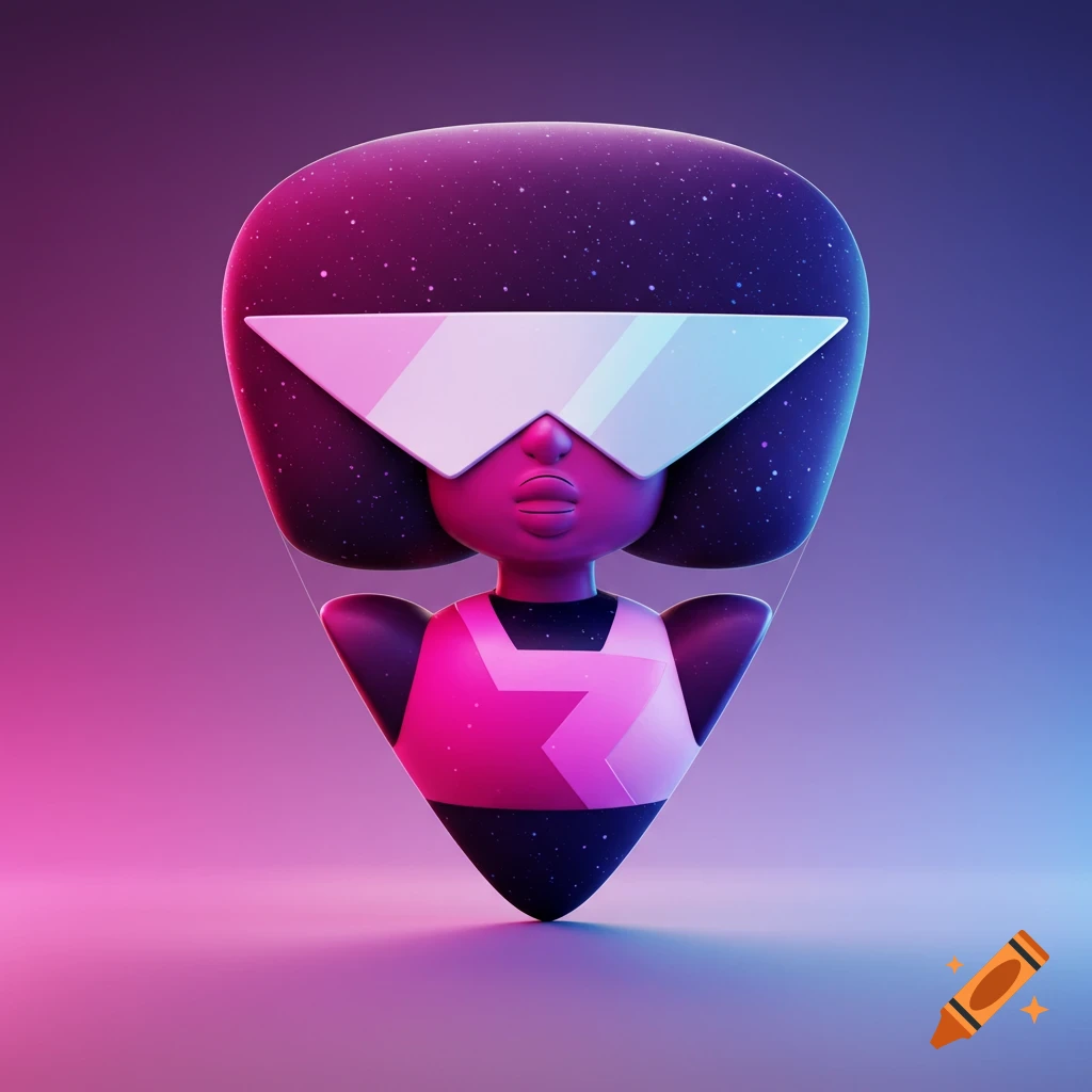 Stylized 3D render of Garnet from Steven Universe shaped like an Afro pick, with a space-like texture on her hair, set against a magenta and blue gradient background.