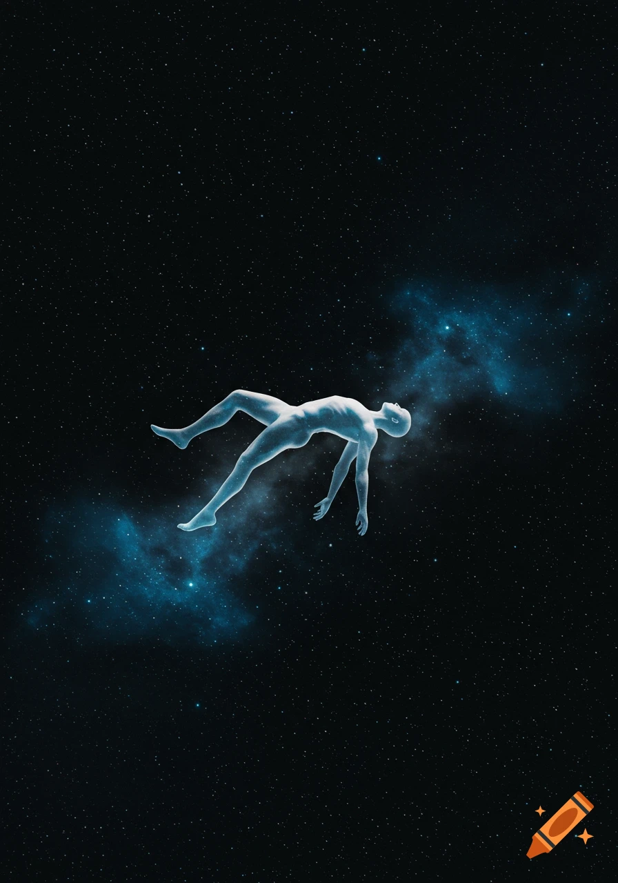 An ethereal, translucent blue figure floats horizontally in a dark cosmic space with blue nebulae and numerous small stars.