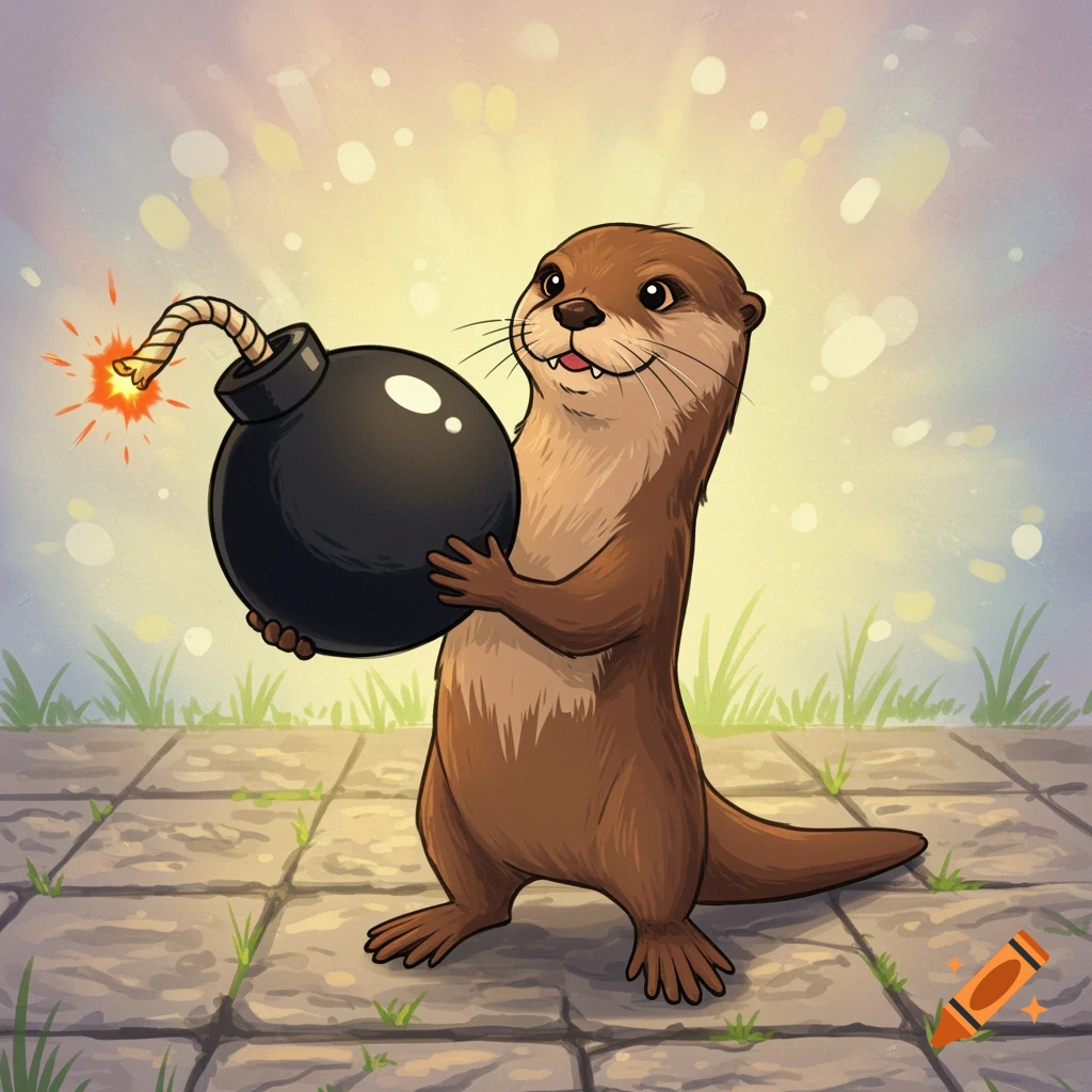 A brown cartoon otter stands on a stone path, holding a lit black bomb with a sparking fuse.