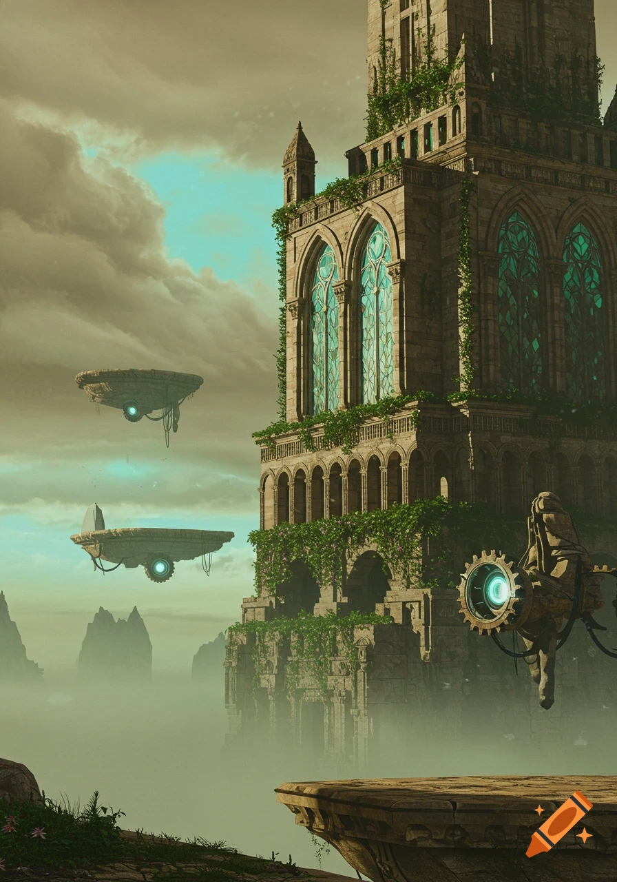 An ancient, ivy-covered stone tower with glowing teal windows overlooks a misty fantasy landscape with floating rock islands.
