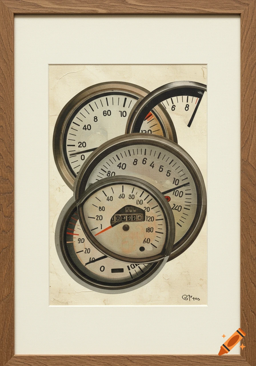 Framed artwork of a collage of vintage-style odometers and gauges with various numbers and needles, in a retro, muted color palette.