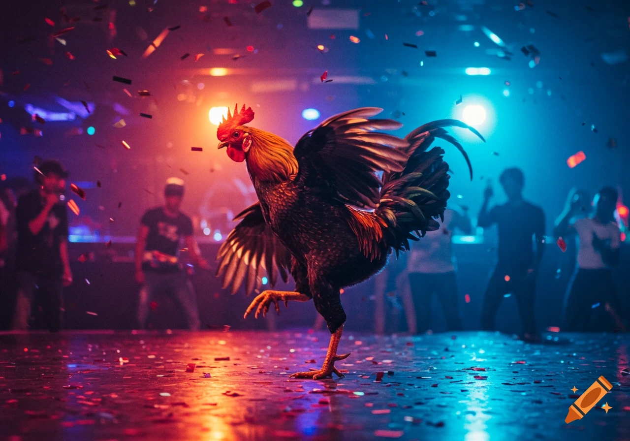 A photorealistic rooster dancing on a confetti-strewn nightclub floor under vibrant red and blue neon lights.