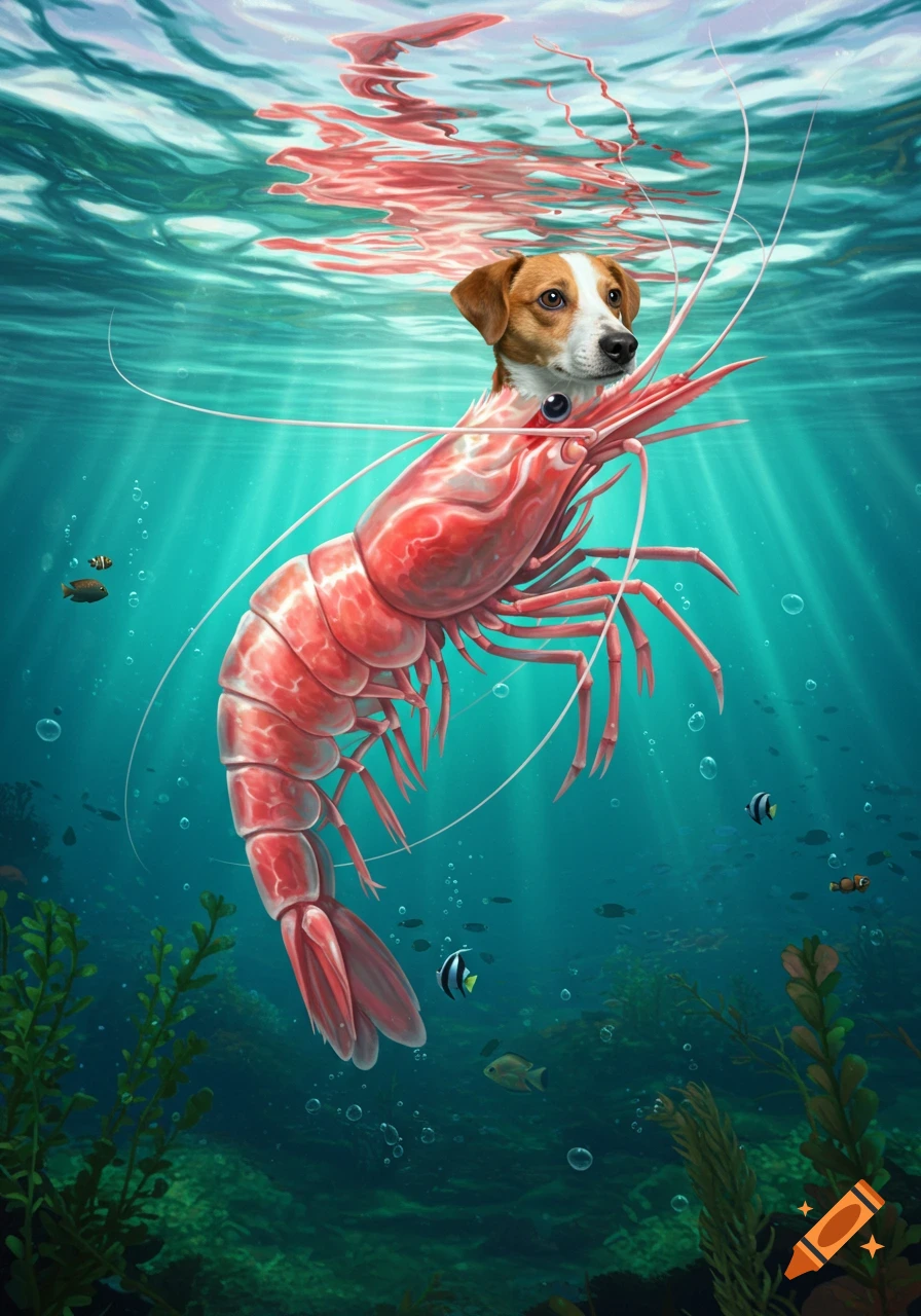 A whimsical illustration of a Jack Russell Terrier's head on a large red shrimp's body, swimming in clear blue underwater with small fish and aquatic plants.