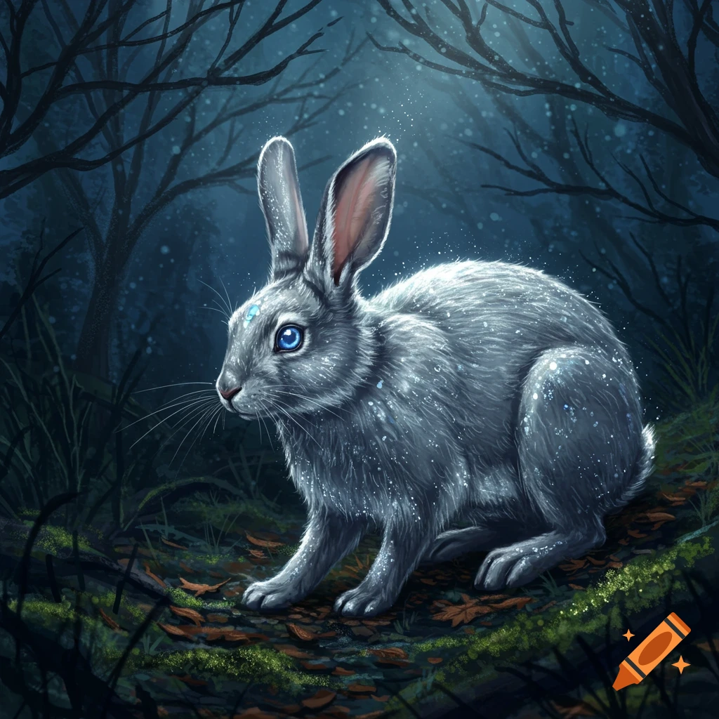 A silvery rabbit with glowing blue eyes and sparkling fur sits in a dark, moonlit forest, a magical digital painting.