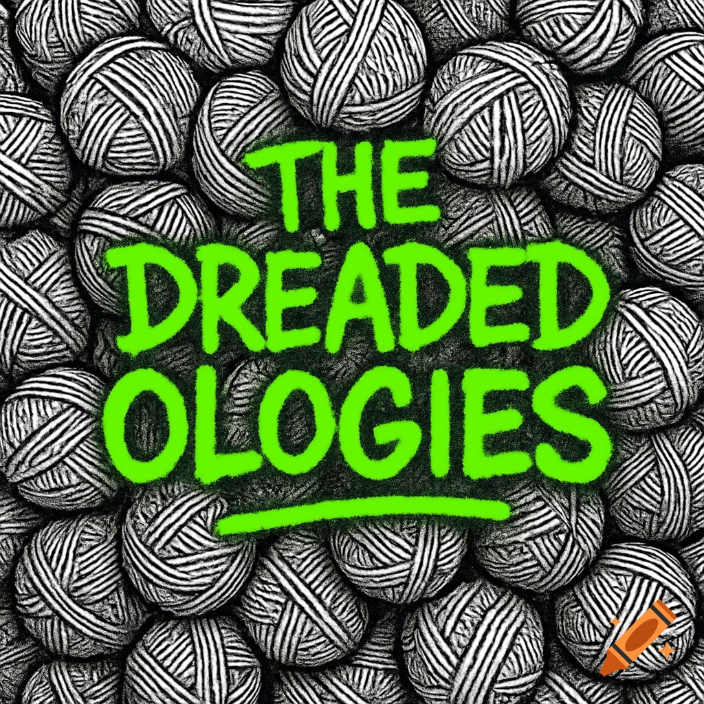Graphic line drawing of black and white yarn balls with fluorescent green text 'The Dreaded Ologies'.
