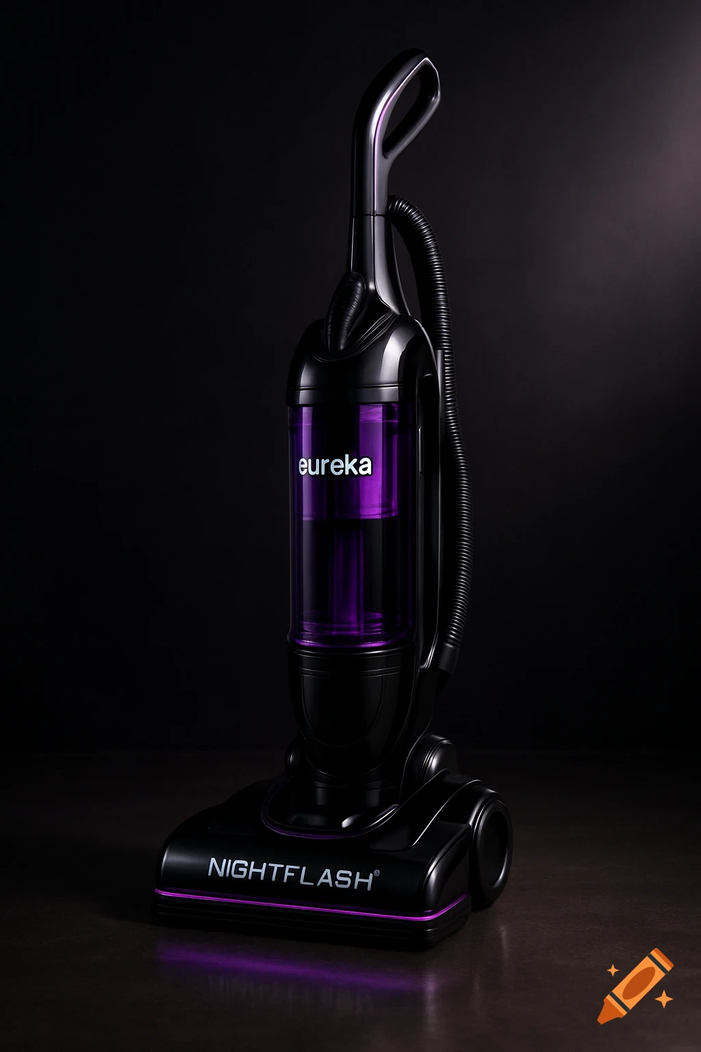 A black upright bagless vacuum cleaner with purple accents and glowing purple lights, labeled "eureka!" and "NIGHTFLASH".