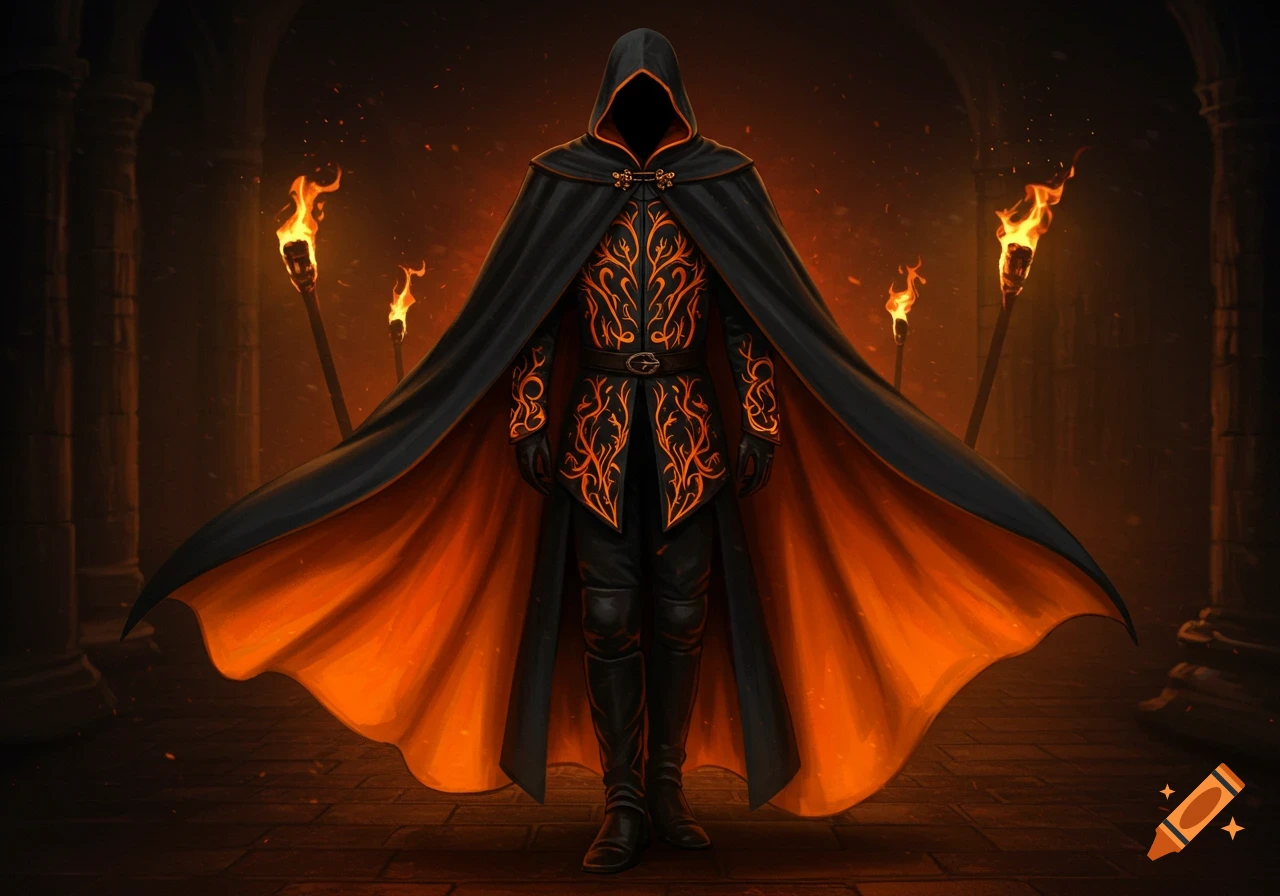 A mysterious hooded figure in a black cloak with orange lining and fiery embroidery stands in a torchlit dungeon.