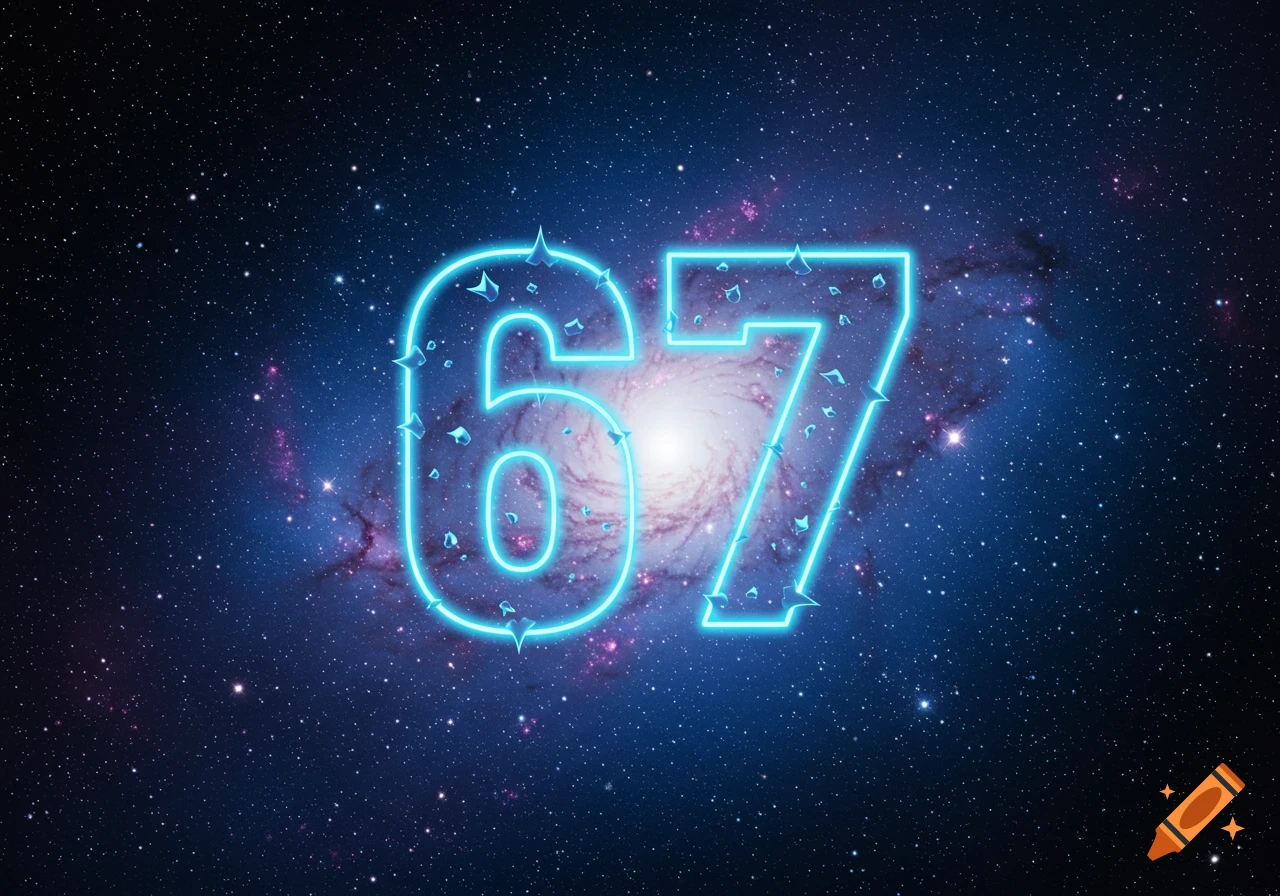 A spiky, glowing neon blue number 67 against a vibrant starry galaxy background.