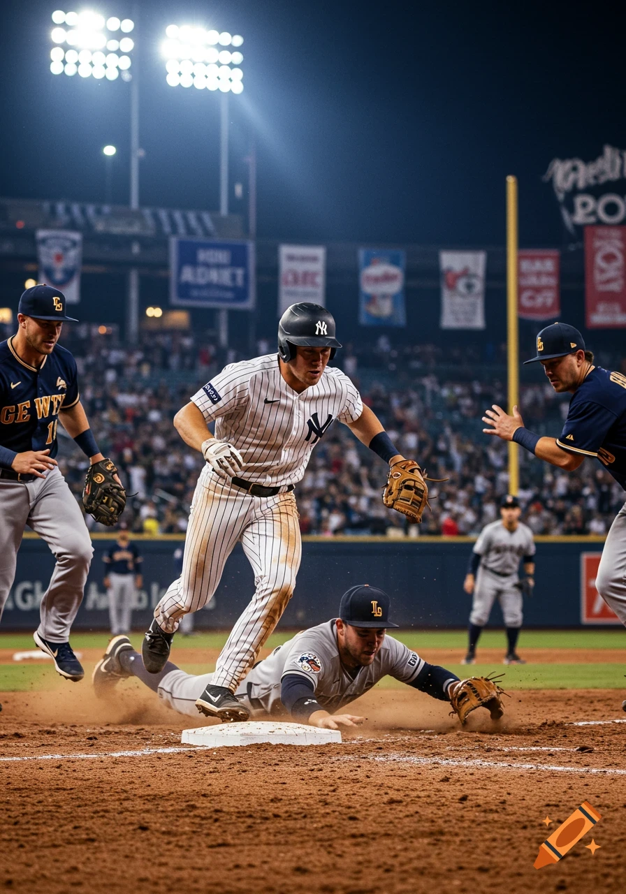 A photorealistic image of a baseball game at night, showing a Yankees player running towards a base while another player slides into it, kicking up dirt.