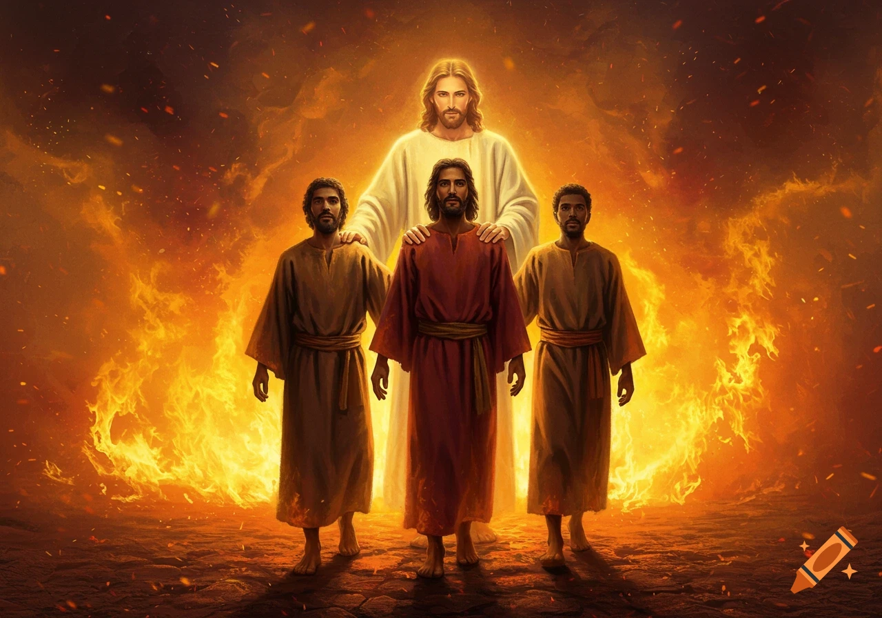 Jesus, radiating light, places his hands on three men standing steadfast in a roaring fiery background, digital art style.