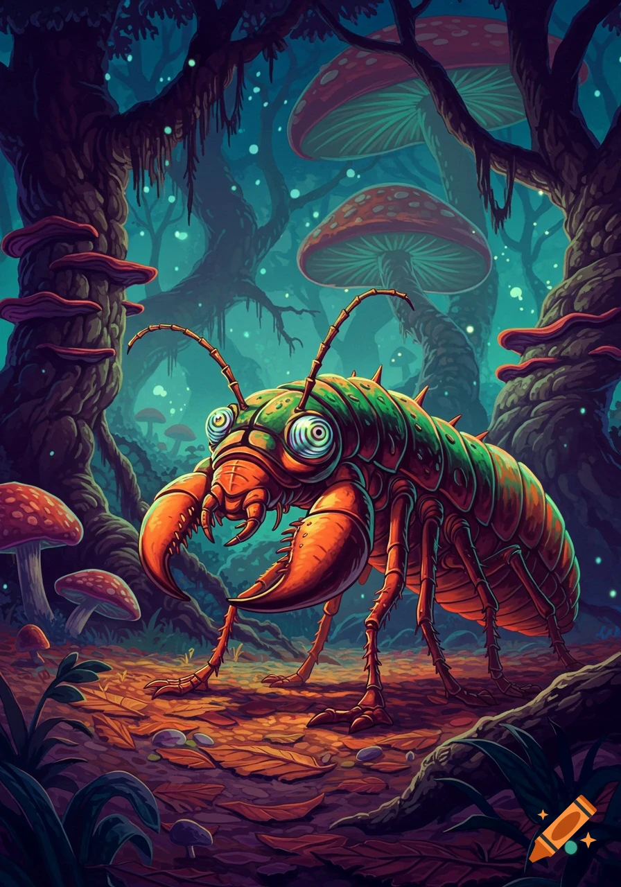 A vibrant, cartoonish mutant termite with large claws and wide eyes in a glowing, mushroom-filled fantasy forest.